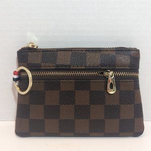 Triple Zip Brown Checkered Wallet Card Coin Case Gold Zippers Keychain